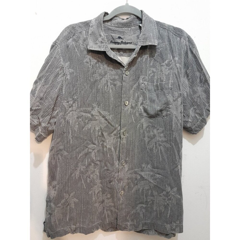 Tommy Bahama Silk Floral Vacation Size Large Button Down Shirt Pocket Gray